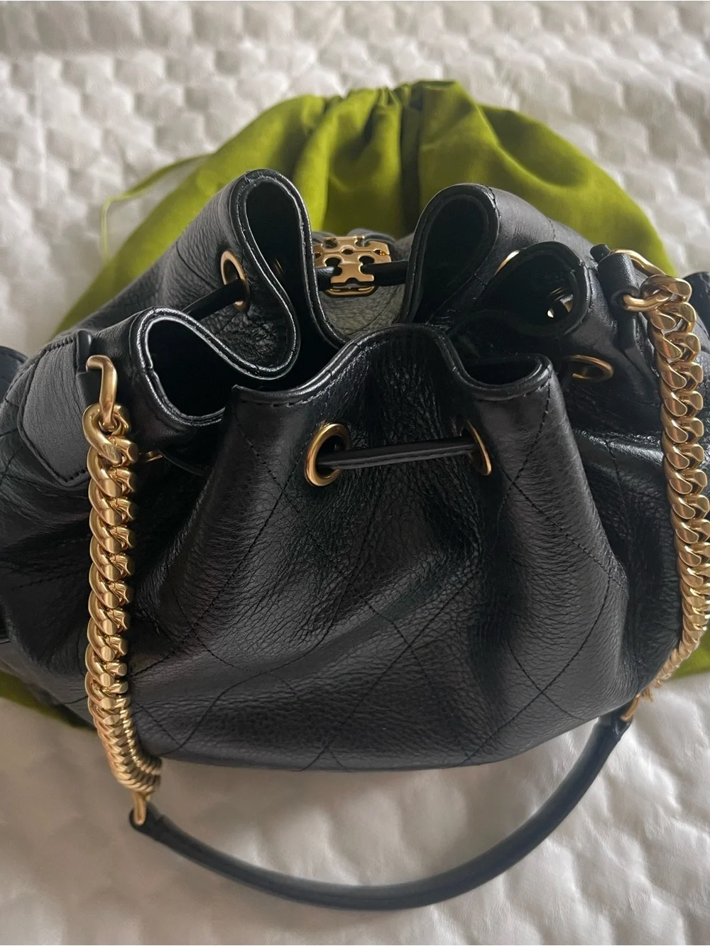 Tory Burch Black Leather Drawstring Bucket Bag with Gold Chain